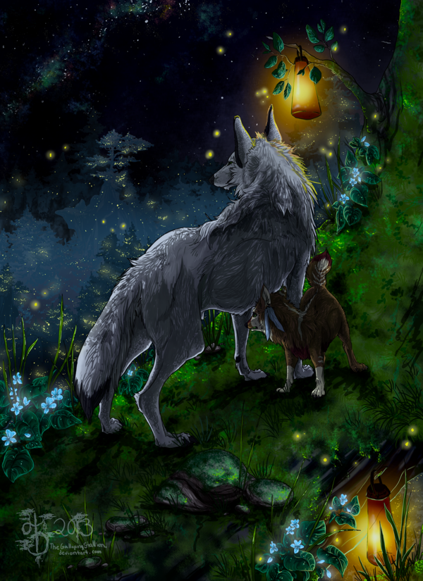 Фото Волчица со своим детенышем, в лесу, в окружении фонарей, художник TheGallopingStallion
