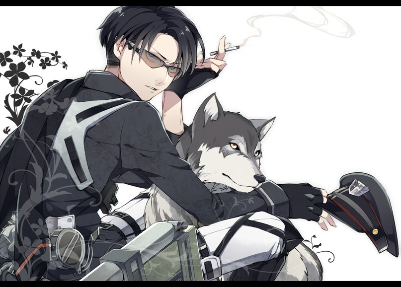 Фото Леви / Levi с волком сидит и курит из аниме Вторжение гигантов /Shingeki no Kyojin