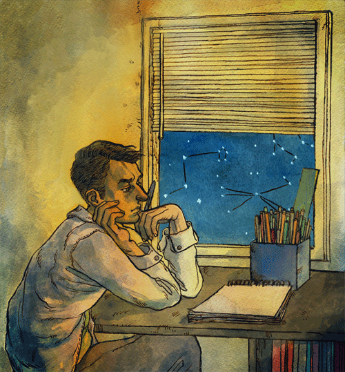 Фото Задумчивый мужчина сидит за столом, за окном плывет небо