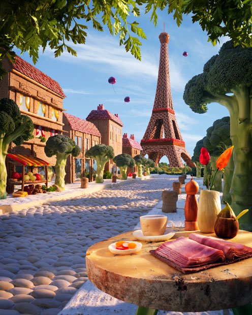 Фото Парижский бульвар с Эйфелевой башней, Париж / Eiffel tower, Paris, выполненный из предметов еды. Фотограф Карл Уорнер
