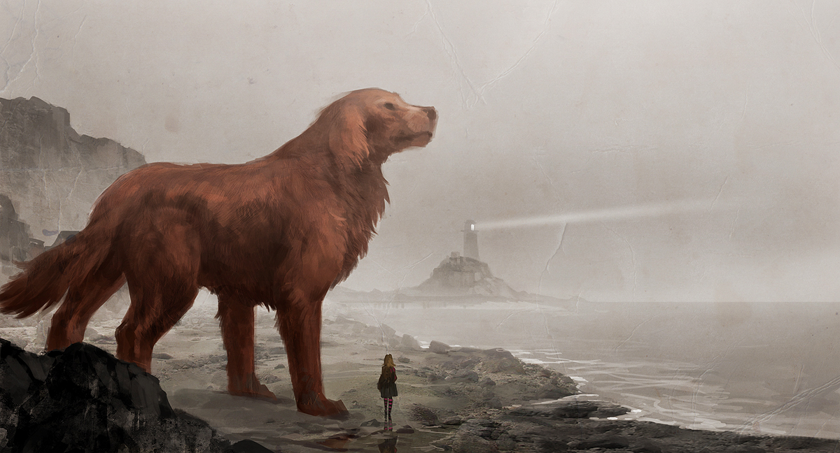 Фото Большая собака породы золотистый ретривер, стоит рядом с крохотной девушкой и смотрит вдаль на море