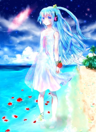 Фото Vocaloid Miku Hatsune / Вокалоид Мику Хатсуне стоит на берегу моря