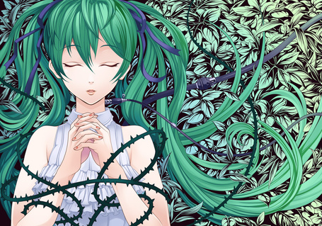 Фото Vocaloid Miku Hatsune / Вокалоид Мику Хатсуне лежит на листьях