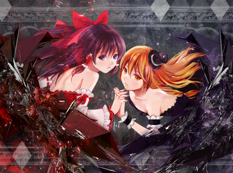 Фото Hakurei Reimu & Kirisame Marisa / Рейму Хакурей и Мариса Кирисаме из аниме-игры Проект Тохо / Touhou Project держатся за руки, мангака Fukahire