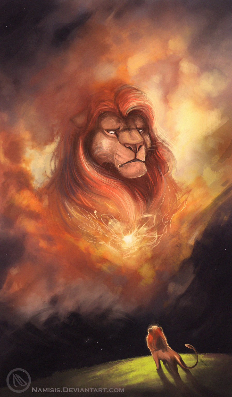 Фото Симба смотрит на Муфасу в небесах, арт на мультфильм Король лев / The Lion king, художник namisis