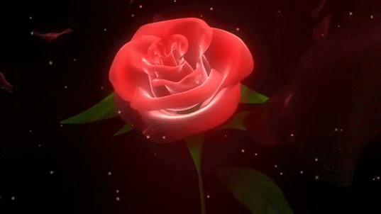 Фото Светящаяся красная роза на темном фоне вокруг летают лепестки