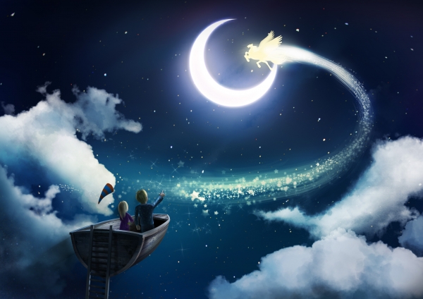 Фото Девочка с мальчиком в парящей в ночном небе лодке смотрят на волшебного пегаса