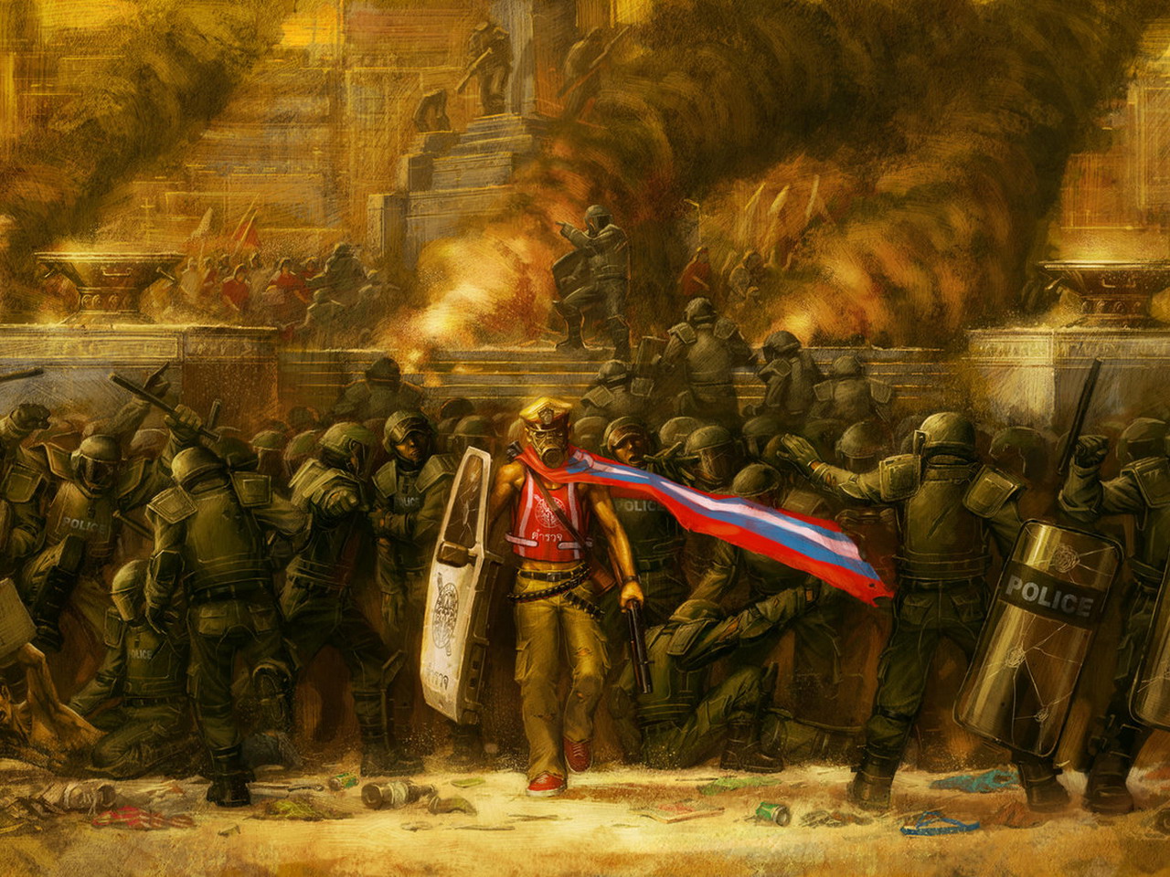 Фото В городе мятеж, бунт и пожары, сквозь шеренгу полицейских с дубинками и щитами, идет мужчина с ярким флагом и в противогазе, художник ameeeeba