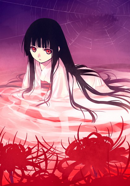Фото Энма Ай / Enma Ai из аниме Jigoku Shoujo / Адская девочка / Hell Girl в светлом кимоно сидит в воде, среди красных ликорисов, на фоне фиолетового неба с паутиной
