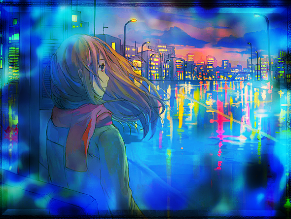 Фото Анимешная девушка с развевающимися волосами, в пальто и красном шарфе, стоит на ночной улице, у пустынной, мокрой от дождя дороги, в которой отражаются огни окрестных домов и фонарей, и смотрит вдаль