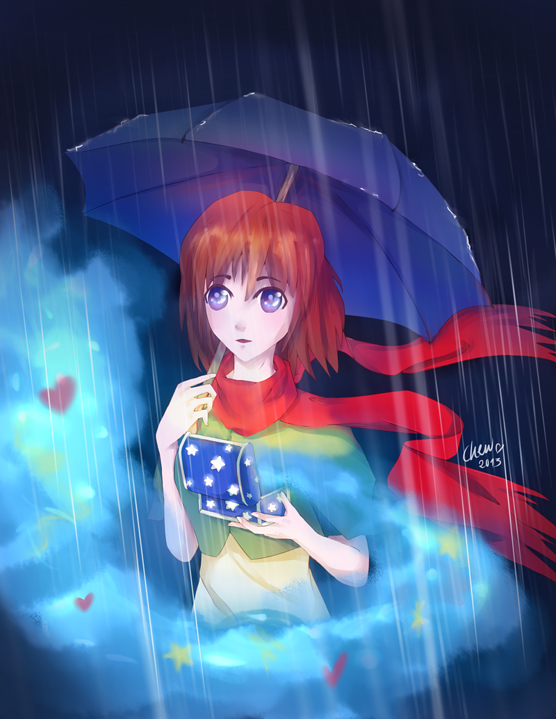 Фото Девушка со шкатулкой в руке и зонтом стоит под дождем, работа When the Rain is Pouring Down, автор Chewsome