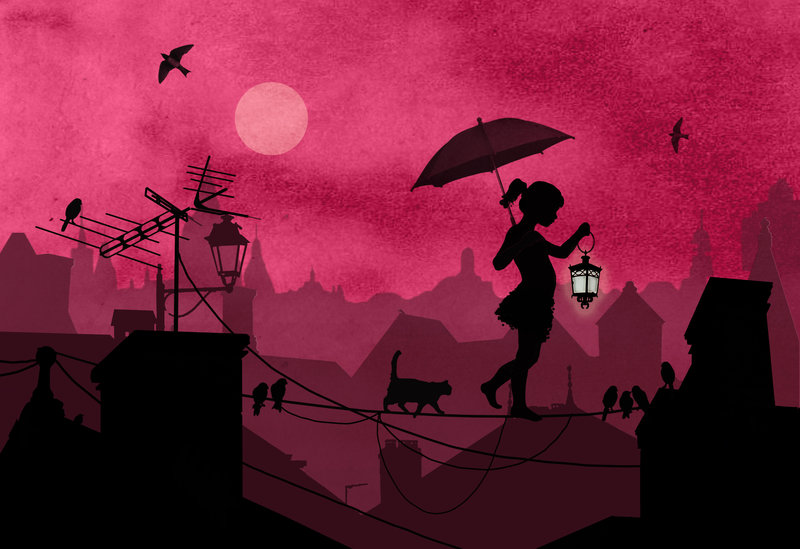 Фото Девочка с фонарем и зонтом в руках, за которой следует кошка, идут по проводу с дома на дом