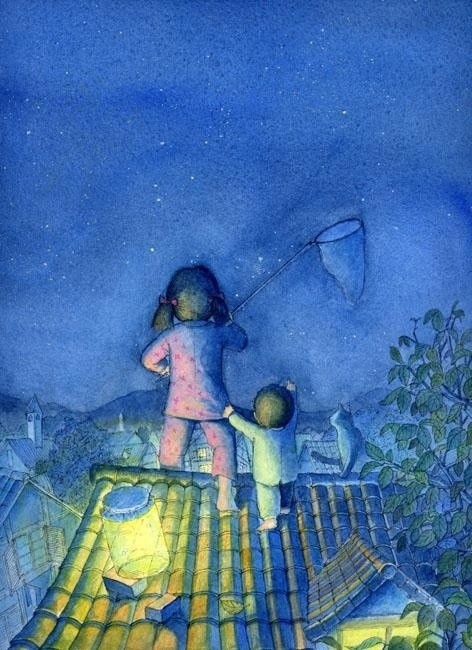 Фото Маленькая девочка в пижаме держит сачок стоя на крыше дома, рядом с ней стоит мальчик показывая пальцем на небо, автор - &;&;&;&;