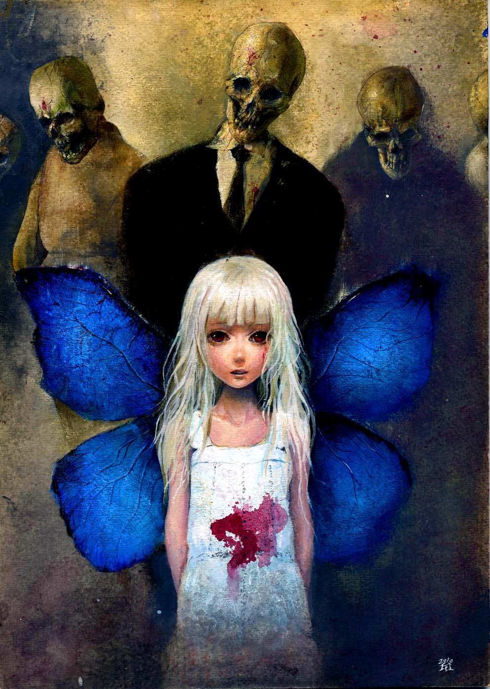 Фото Светловолосая девочка с крыльями бабочки за спиной, с пятном крови на платье, за спиной которой стоят трое мужчин, с черепами вместо лиц, art by onmyous (H. W.)