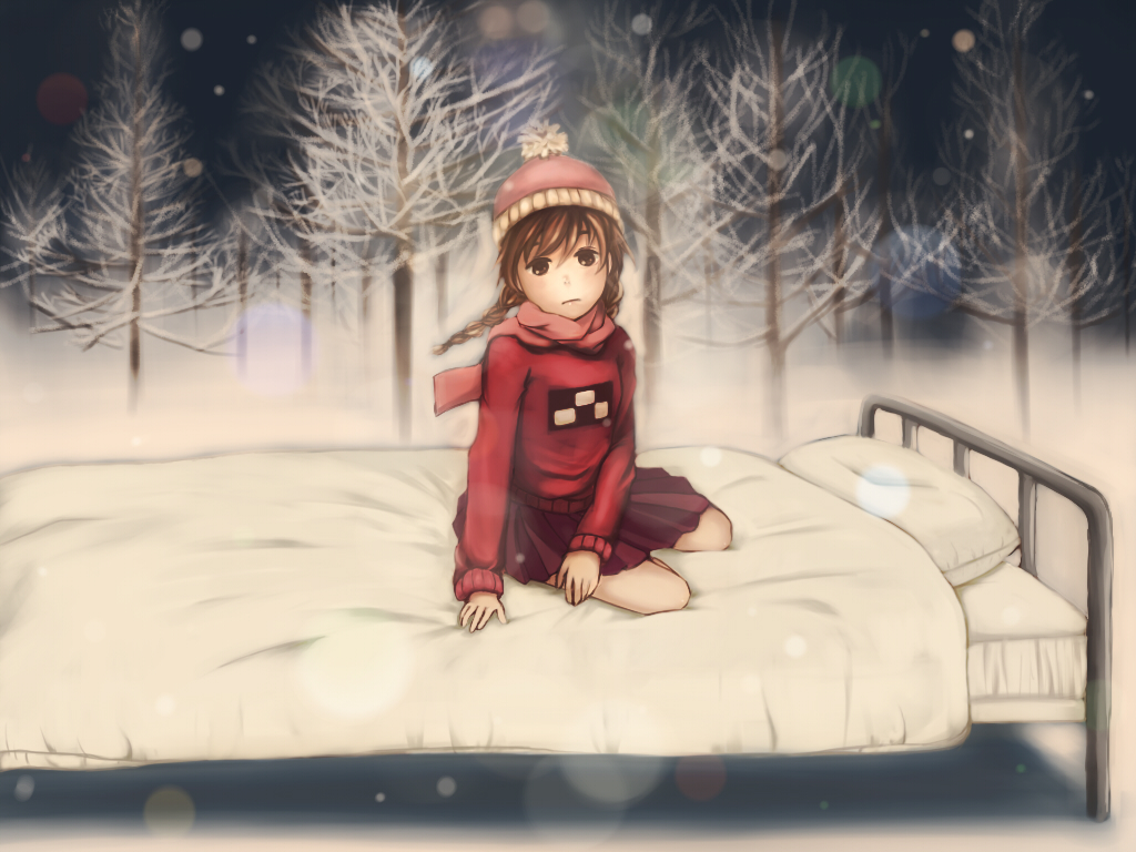 Фото Madotsuki / Мадоцуки из игры Дневник сновидений / Yume Nikki сидит на  кровати, стоящей на фоне покрытых инеем деревьев в ночном зимнем лесу