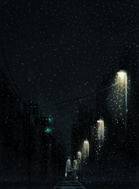 Фото Девушка с собакой идут по ночной улице, освещаемой фонарями, под падающим снегом, art by Toi (Number 8)