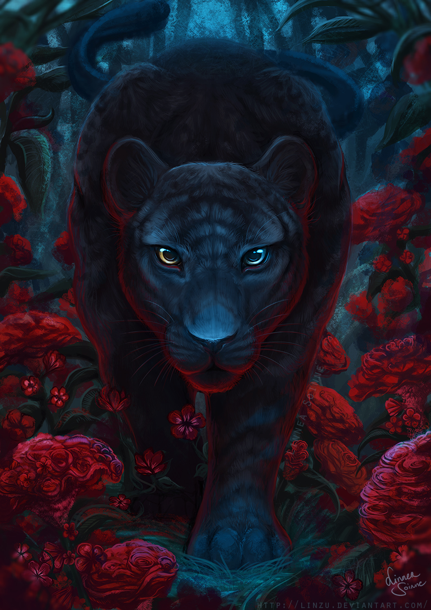 Фото Черный леопард крадется сквозь кусты и цветы, художница linzu