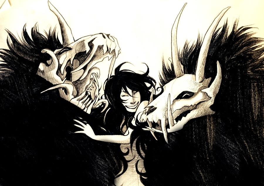 Фото Девушка с черными волосами с улыбкой стоит в окружении двух монстров с черепами
