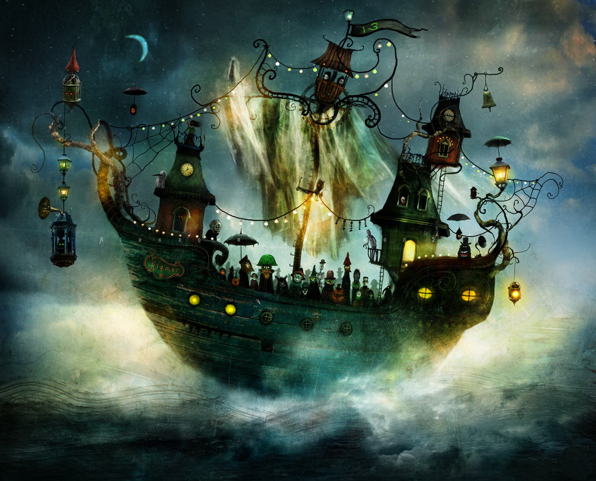 Фото Фантастический корабль, плывущий по морю со стоящими на нем сказочными человечками, башенками с часами, множеством горящих фонарей и различных пород птиц на фоне звездного ночного неба с полумесяцем