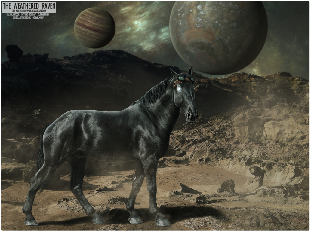 Фото Вороной конь со светящимися глазами и очками стоит в пустоши на фоне космоса и планет, художник THE WEATHERED RAVEN