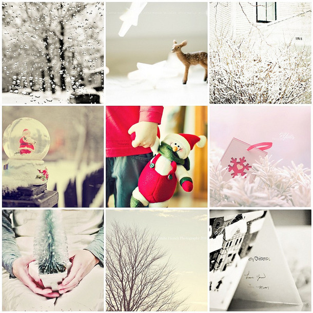 Фото Заснеженные деревья за окном в каплях, игрушечный олень, деревья в снегу возле дома, прозрачный шар с Санта Клаусом внутри, игрушечный снеговик, снежинка на этикетке, игрушечная елка у девушки в руках, верхушка дерева, новогодняя открытка