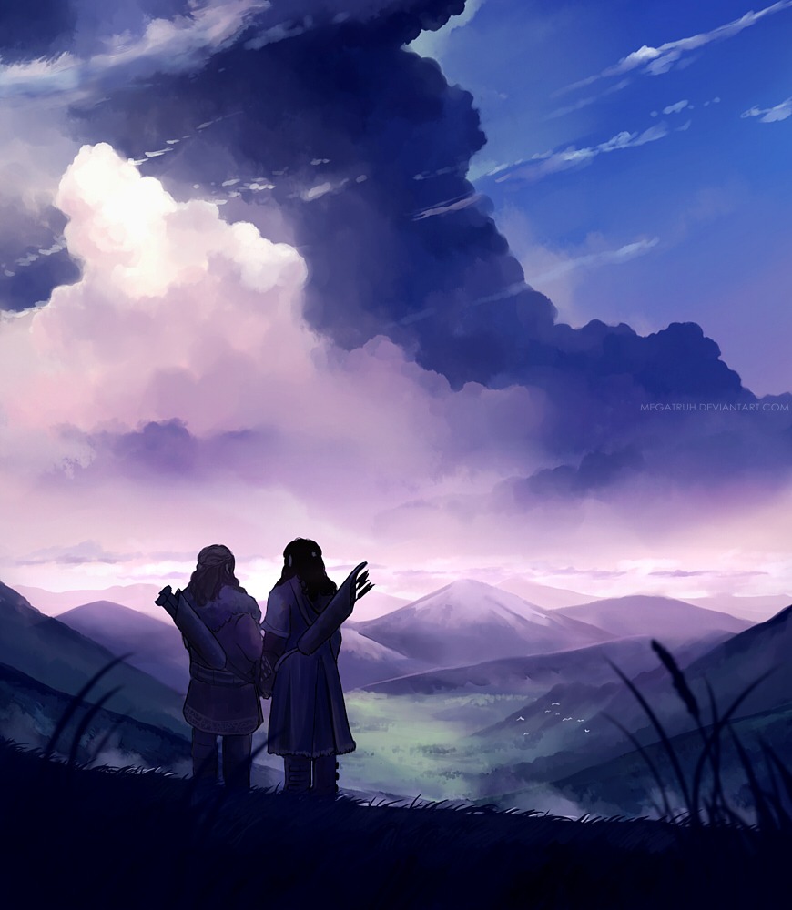 Фото Двое мужчин-охотников с колчанами, полными стрел для стрельбы из лука, стоящие на пригорке, смотрят на красивый горный пейзаж, открывающийся перед ними