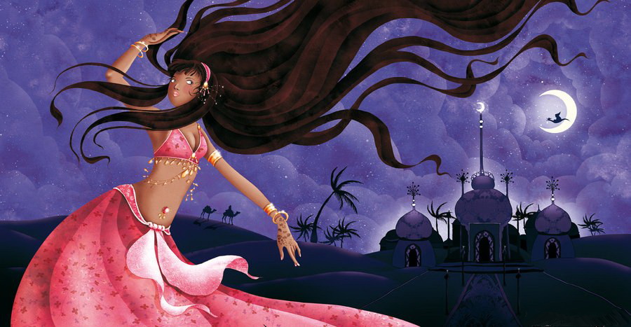Фото Восточная девушка с длинными волосами, танцующая на фоне ночного, лунного неба с летящей птицей, куполов мечети с полумесяцем, растущих пальм и бредущих верблюдов с погонщиком, автор Кэти Диленси
