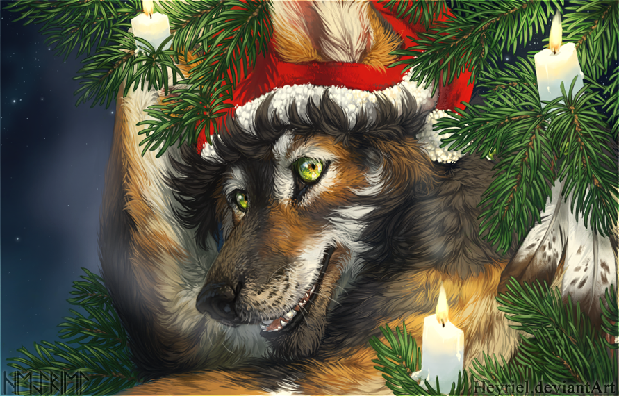 Фото Волк в новогодней шляпе выглядывает из елки, художница heyriel