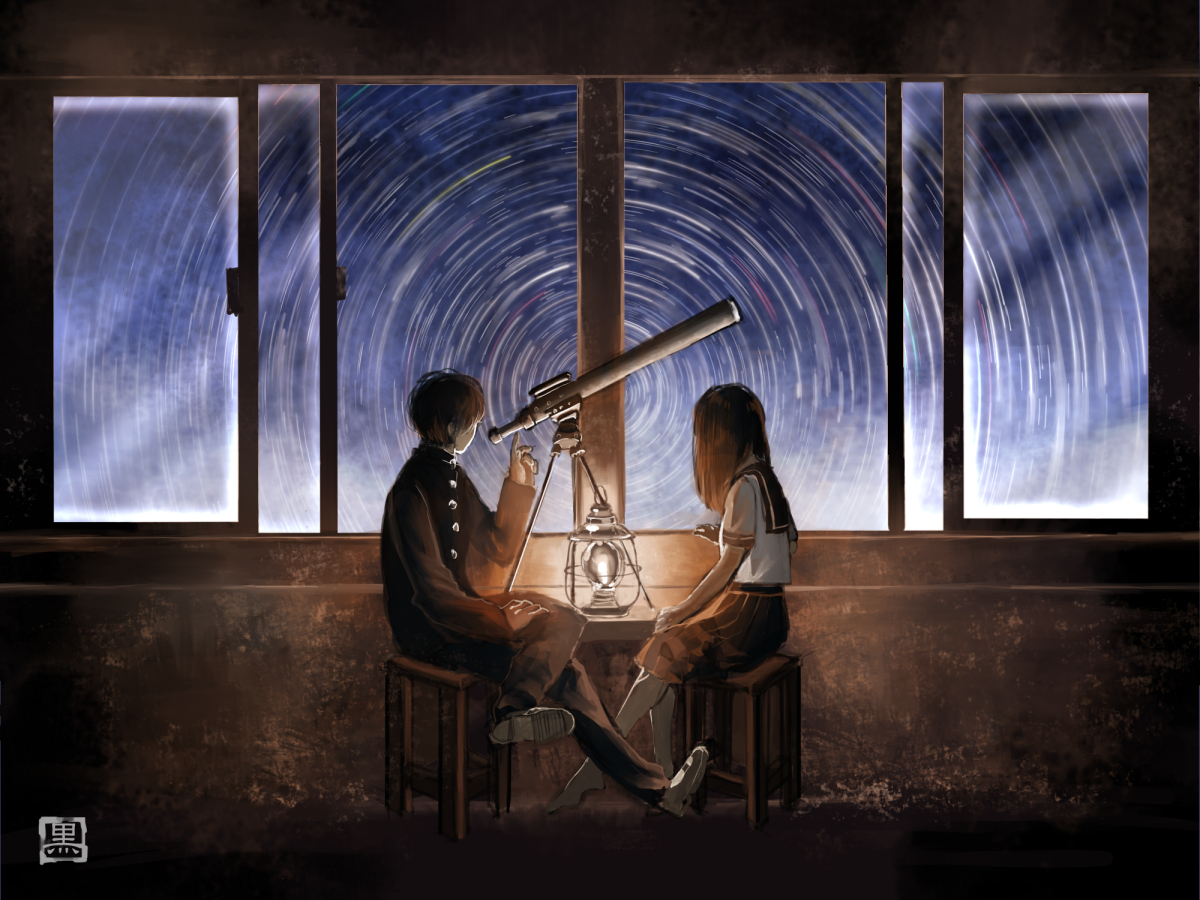 Фото Парень и девушка в школьной форме сидят у окна, перед ними стоит телескоп, art by kurosaka hal (artist)