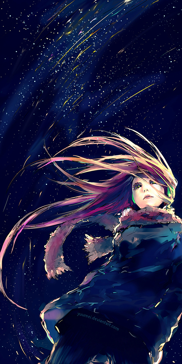 Фото Девушка в наушниках на фоне звездного неба, art by yuumei