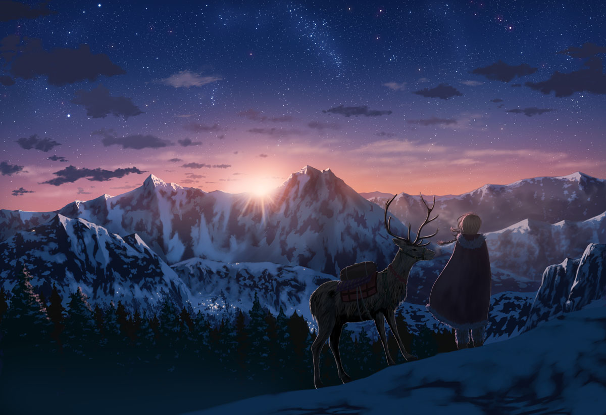 Фото Северный олень и девушка на фоне гор и заката