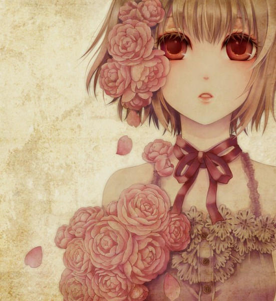 Фото Девушка со светлыми волосами и красными глазами, с розовыми розами на голове смотрит вперед