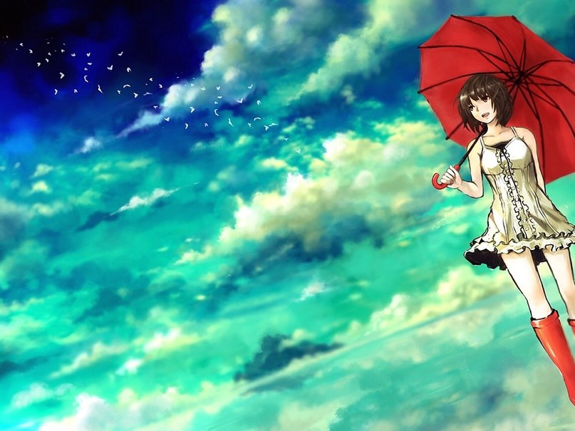 Фото Девушка в белом платье с красным зонтом и сапогах, стоит на фоне облачного неба, арт kinniku1234