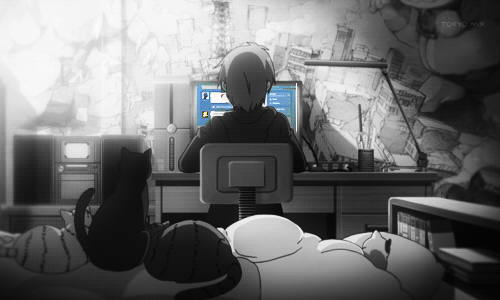 Фото Парень из аниме Кошечка из Сакурасо / Sakurasou no Pet na Kanojo сидит за компьютером, позади него на кровати расположились кошки