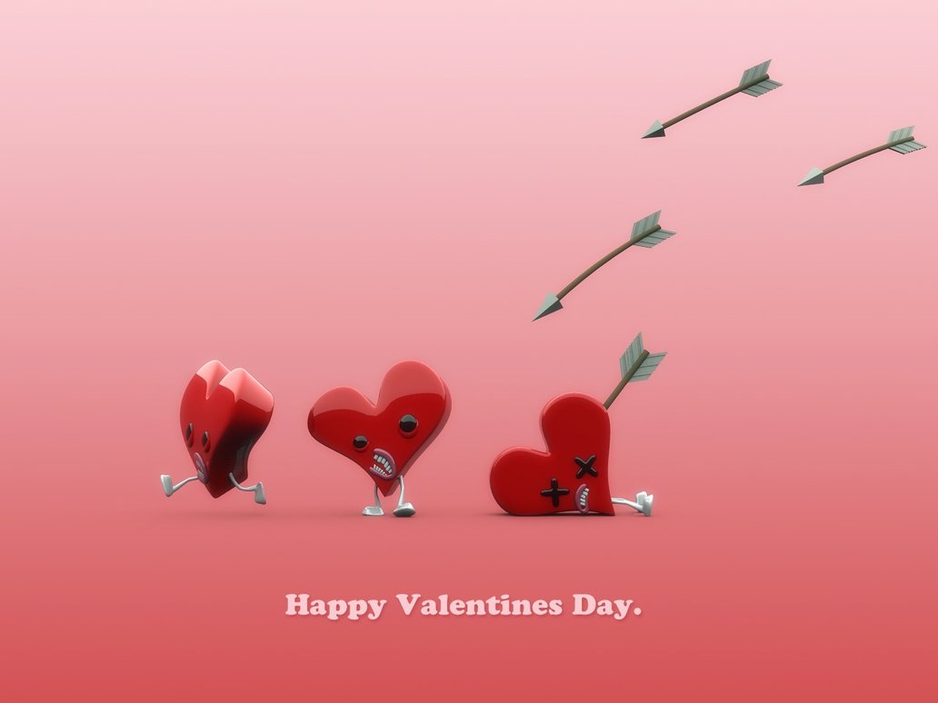 Фото Три красных сердца на розовом фоне, убегающие от стрел, Happy Valentines day / С Днем Святого Валентина, работа plusone
