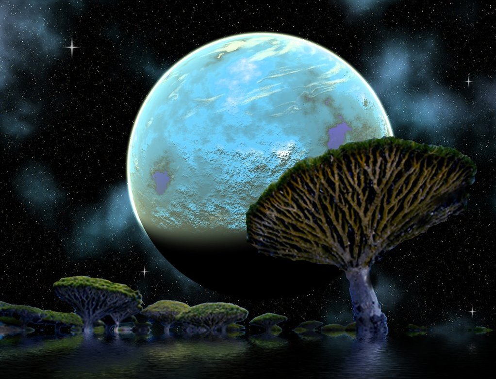 Фото Огромные грибы на фоне полной луны, фотоарт AshenSorrow