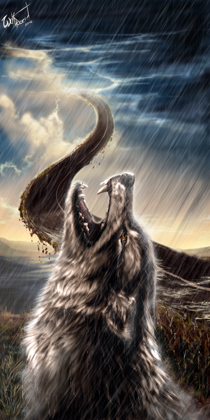 Фото Воющий волк на фоне уходящей в небо дороги, арт wolfroad