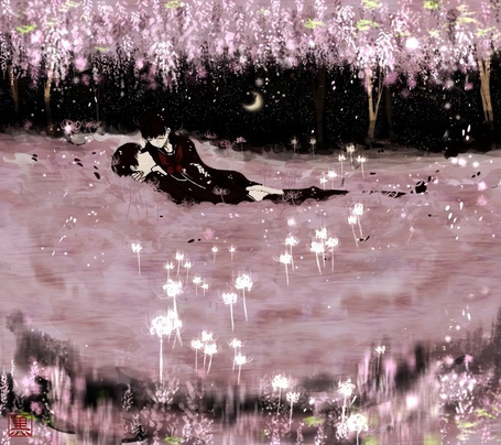 Фото Мужчина и девушка лежат ночью на земле среди цветущей сакуры, art by Kurohal422