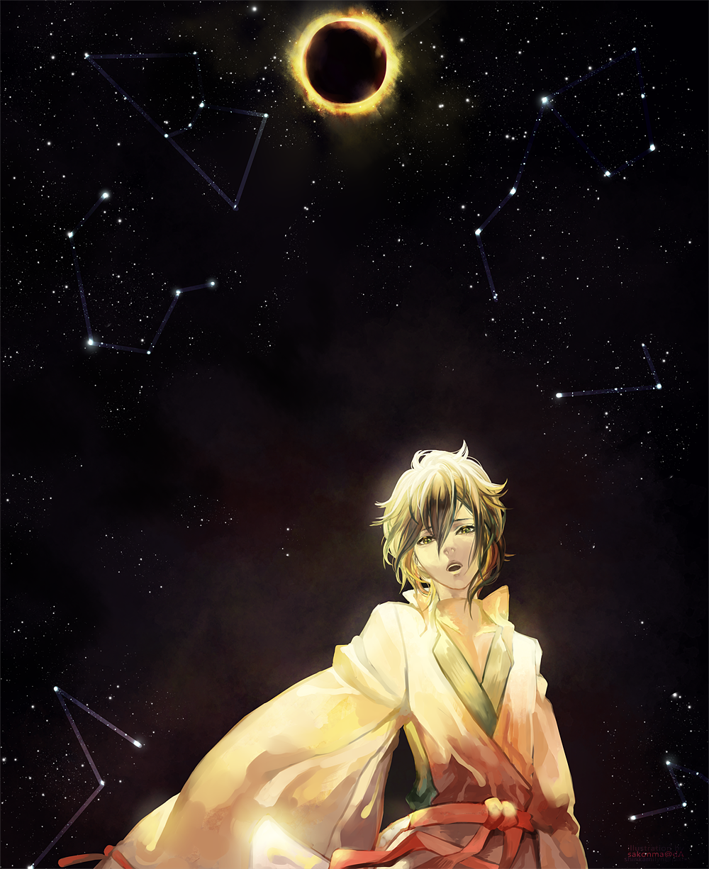 Фото Aonuma Shun / Аонума Шун на фоне звездного неба, из аниме Shinsekai Yori / Из нового мира