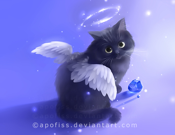 Фото Черная кошка - ангел с нимбом над головой, крыльями и синим камнем,  автор apofiss