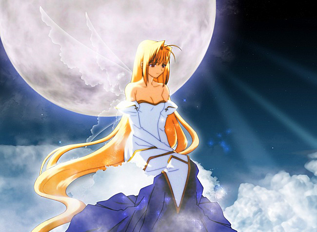 Фото Arcueid Brunestud / Арквейд Брюнстад сидит на облаках на фоне полной луны и грустит, за спиной видны полупрозрачные крылья, из аниме Shingetsutan Tsukihime / Повесть о лунной принцессе