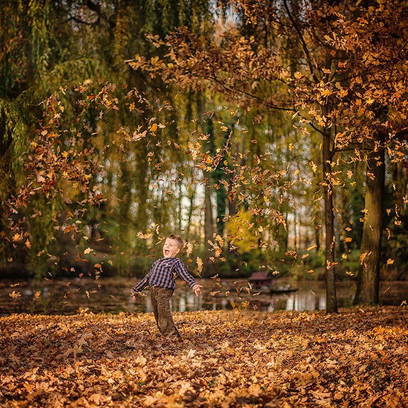 Фото Радостный, смеющийся мальчик, стоящий на берегу реки, подбрасывает вверх осенние листья, автор Adam Wawrzyniak