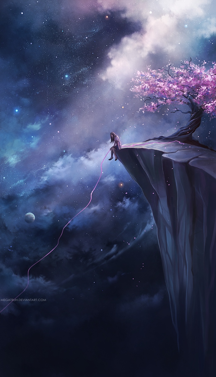 Фото Девушка сидит на краю горы у дерева сакуры, на фоне облаков в небе и планет, держа в руках тонкую нить, автор megatruh