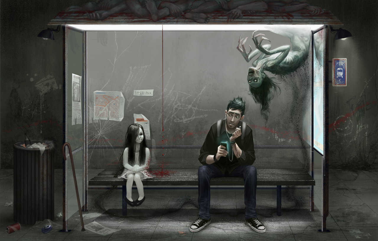 Фото Мужчина сидит на автобусный остановке в окружении монстров, сняв один наушник, прислушиваясь