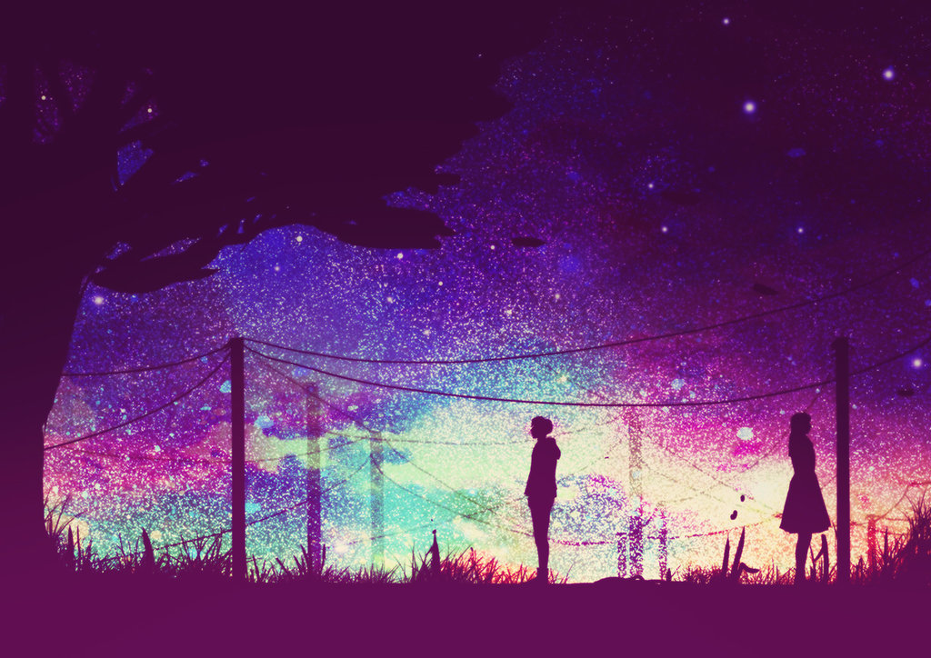 Фото Силуэты парня и девушки на фоне звездного неба, art by erisiar