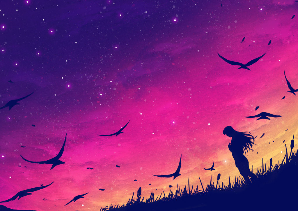 Фото Силуэт девушки, стоящей в траве в окружение птиц на фоне звездного неба, art by erisiar