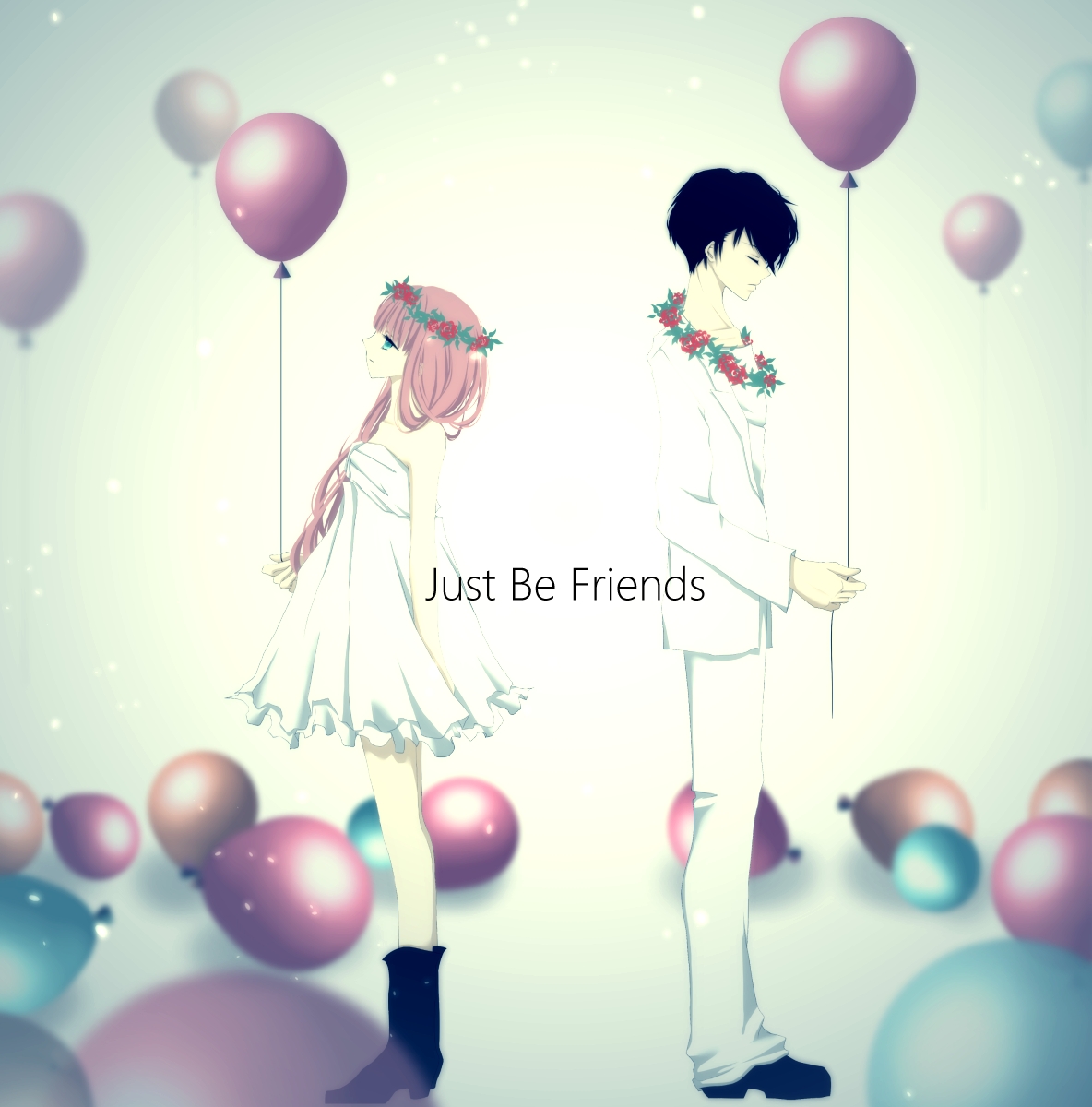Фото Vocaloid Megurine Luka / Вокалоид Мегурине Лука и темноволосый парень с воздушными шариками в руках, art by aonoe (Just Be Friends)