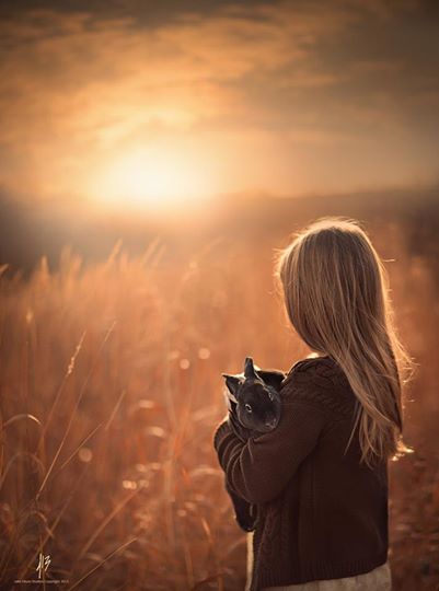 Фото Девочка с кроликом в руках на фоне заката, фотограф Jake Olson