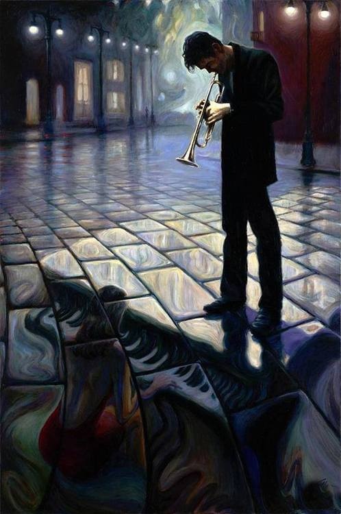 Фото Парень играет на трубе, стоя на вымощенной дороге, перед девушкой за роялем, которая изображена на этих плитах, художник Марк Келлер