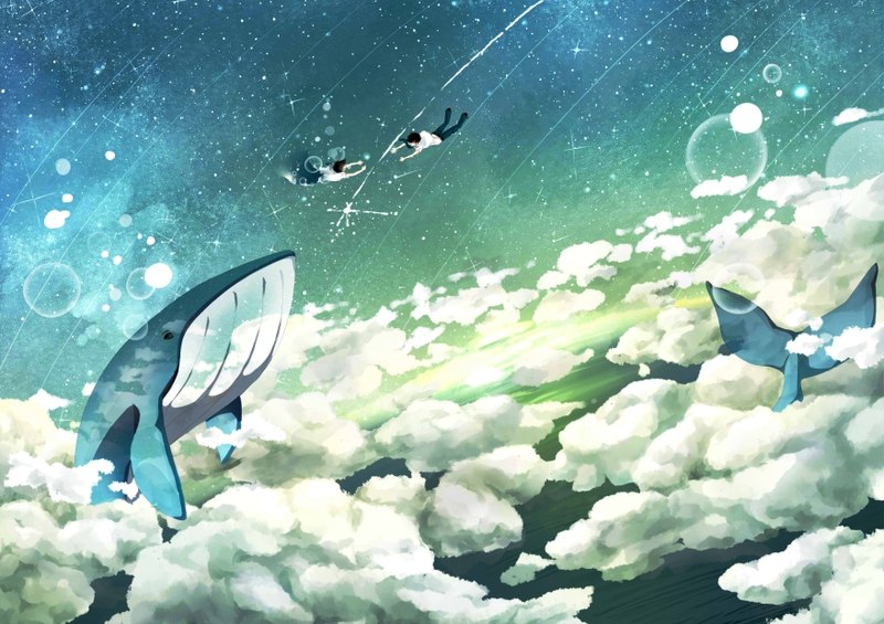 Фото Девушка и парень летящие за падающей звездой в небе, в облаках плавают киты